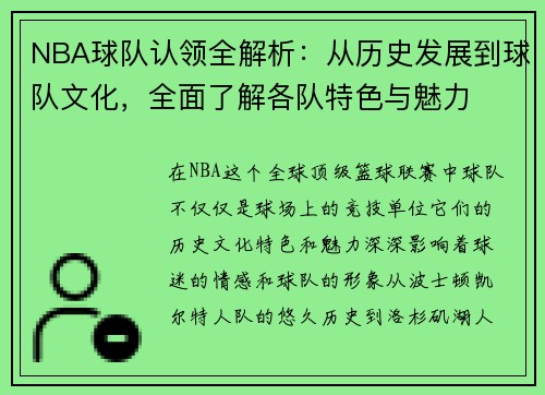 NBA球队认领全解析：从历史发展到球队文化，全面了解各队特色与魅力